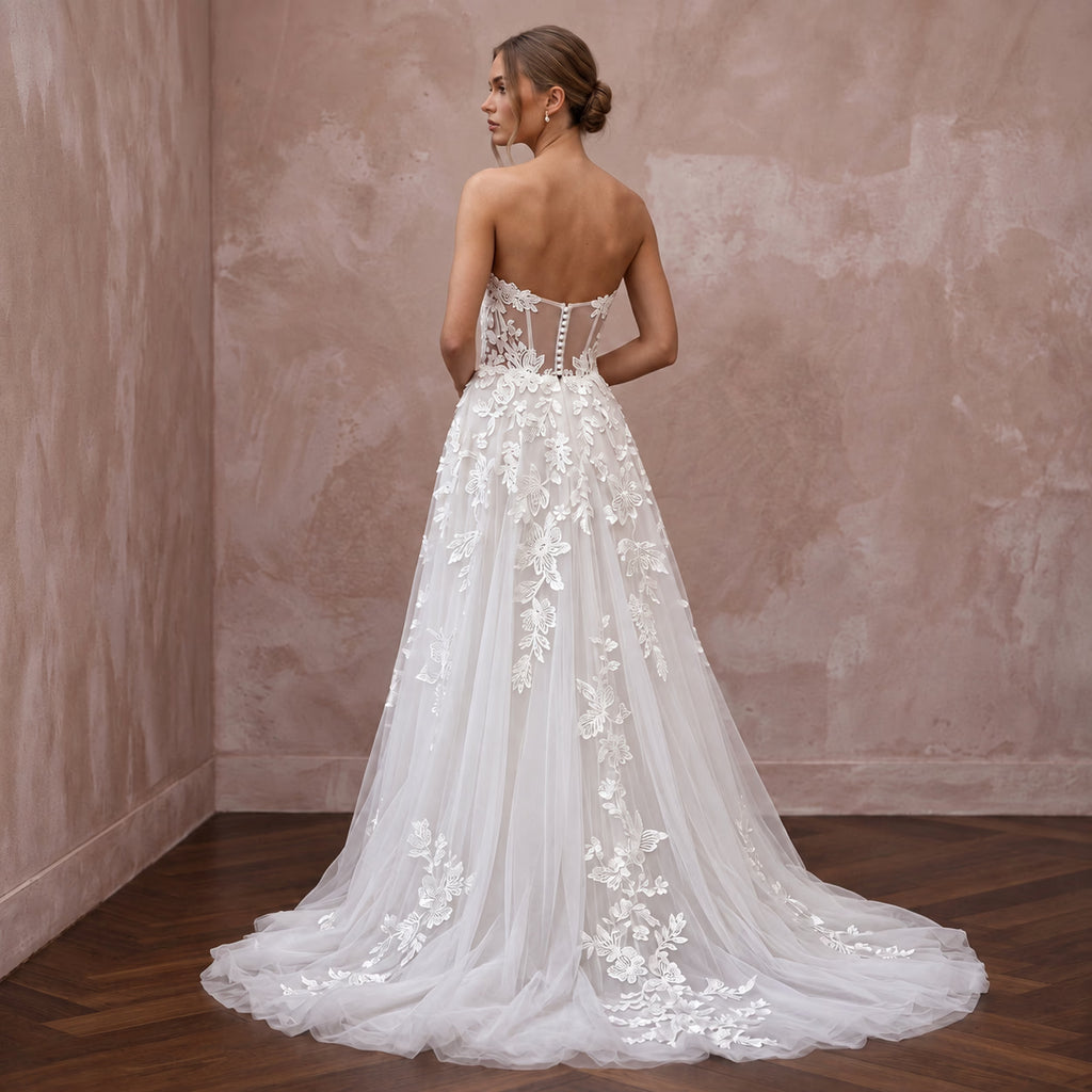 Ivory Laser - Cut Floral Applique Tulle Sweetheart A - Line Gown - Apparel & Accessories > Clothing > Wedding & Bridal Party Dresses > Wedding Dresses - Mignonette Bridal