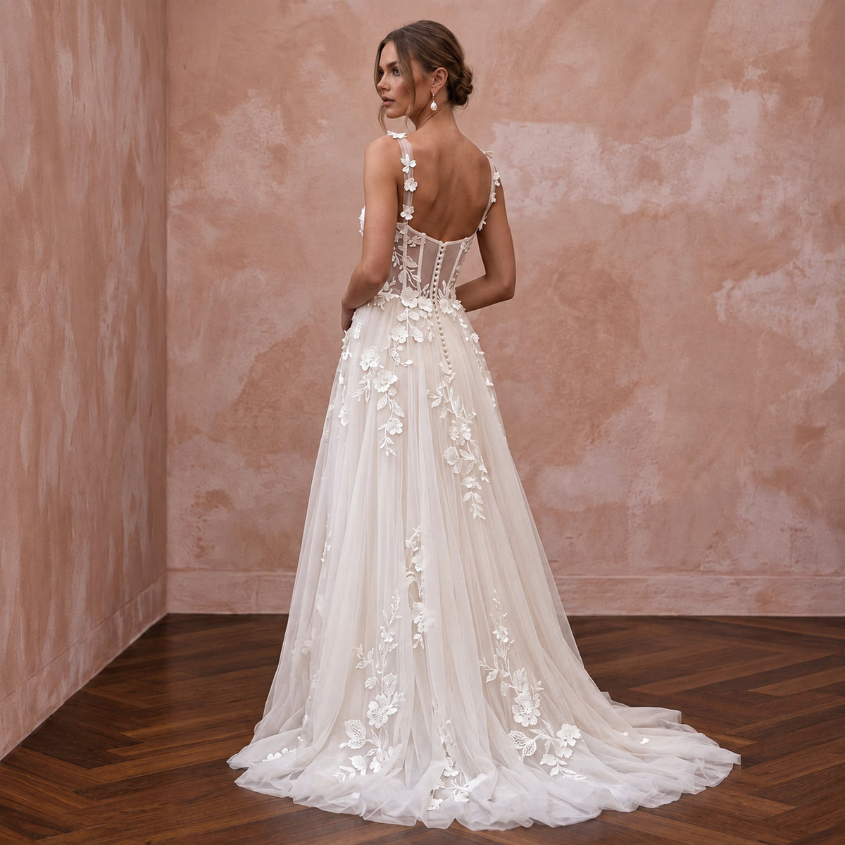 Ivory Laser-Cut Floral Applique Tulle Sweetheart A-Line Gown