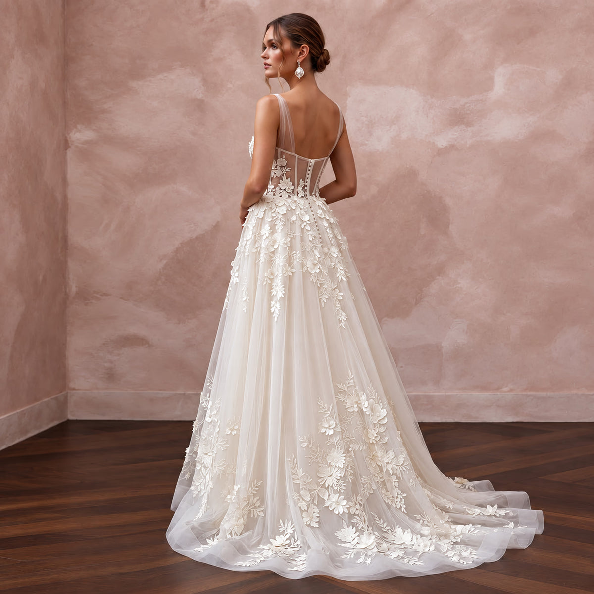 Ivory Laser - Cut Floral Applique Tulle Sweetheart A - Line Gown - Apparel & Accessories > Clothing > Wedding & Bridal Party Dresses > Wedding Dresses - Mignonette Bridal