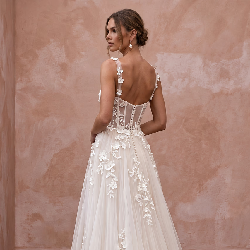Ivory Laser-Cut Floral Applique Tulle Sweetheart A-Line Gown