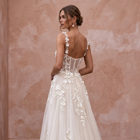 Ivory Laser-Cut Floral Applique Tulle Sweetheart A-Line Gown