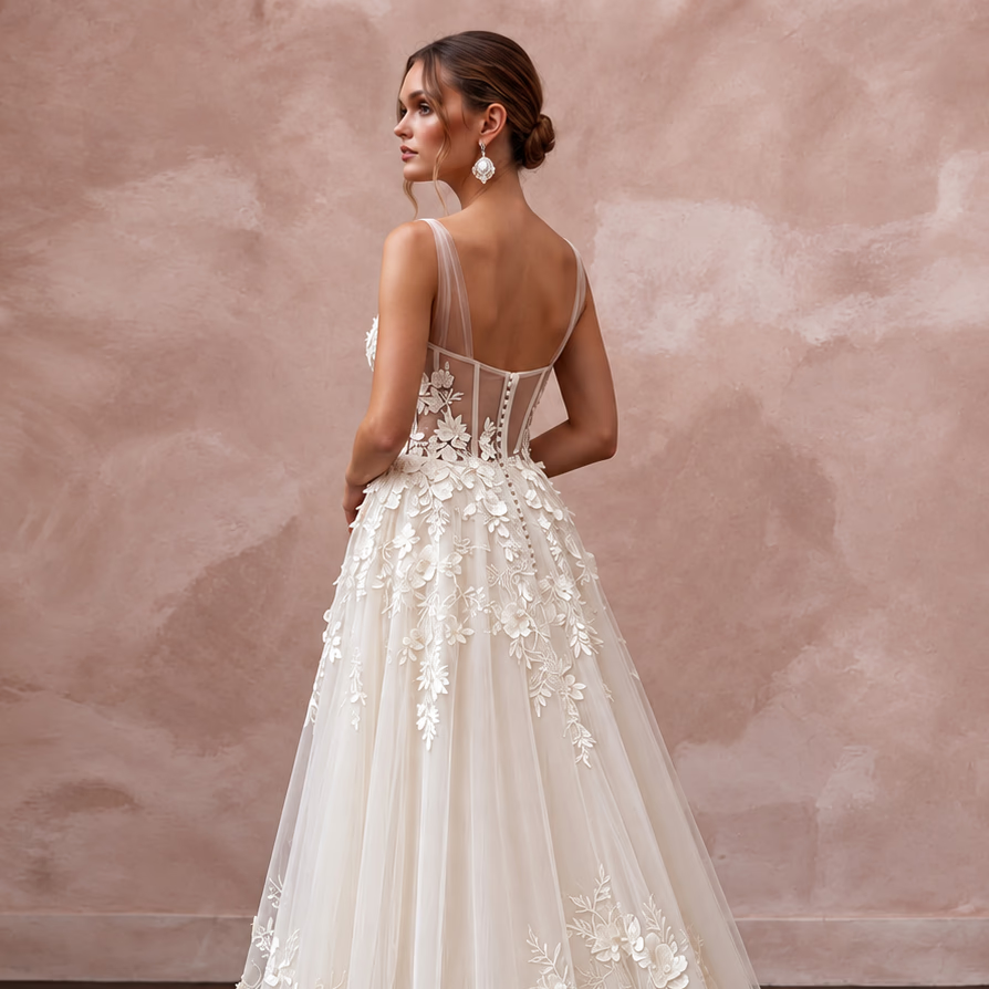 Ivory Laser - Cut Floral Applique Tulle Sweetheart A - Line Gown - Apparel & Accessories > Clothing > Wedding & Bridal Party Dresses > Wedding Dresses - Mignonette Bridal