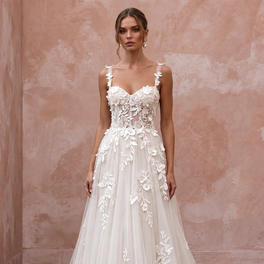 Ivory Laser-Cut Floral Applique Tulle Sweetheart A-Line Gown