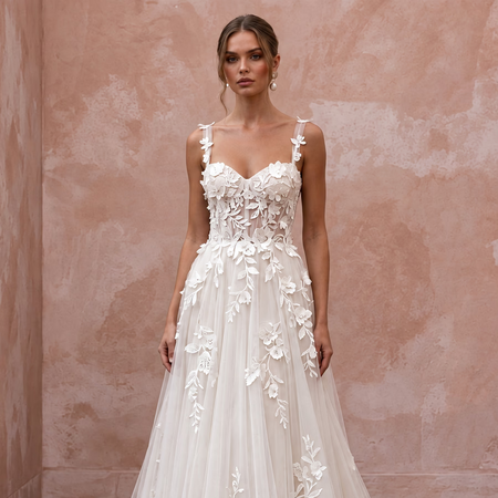 Ivory Laser-Cut Floral Applique Tulle Sweetheart A-Line Gown