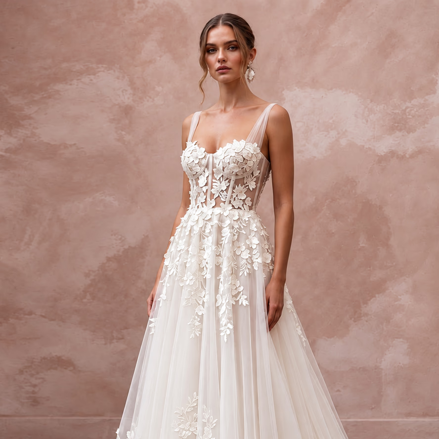Ivory Laser - Cut Floral Applique Tulle Sweetheart A - Line Gown - Apparel & Accessories > Clothing > Wedding & Bridal Party Dresses > Wedding Dresses - Mignonette Bridal