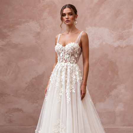 Ivory Laser - Cut Floral Applique Tulle Sweetheart A - Line Gown - Apparel & Accessories > Clothing > Wedding & Bridal Party Dresses > Wedding Dresses - Mignonette Bridal