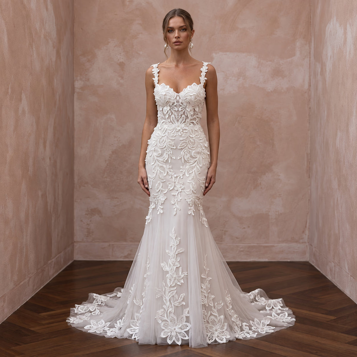 Ivory Laser - Cut Floral Applique Tulle Sweetheart Mermaid Dress - Apparel & Accessories > Clothing > Wedding & Bridal Party Dresses > Wedding Dresses - Mignonette Bridal