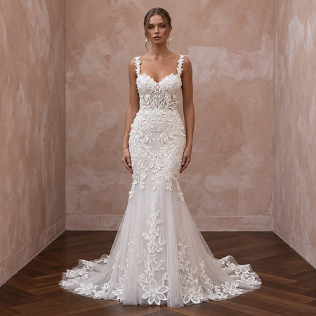 Ivory Laser - Cut Floral Applique Tulle Sweetheart Mermaid Dress - Apparel & Accessories > Clothing > Wedding & Bridal Party Dresses > Wedding Dresses - Mignonette Bridal