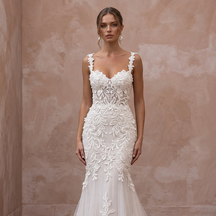 Ivory Laser - Cut Floral Applique Tulle Sweetheart Mermaid Dress - Apparel & Accessories > Clothing > Wedding & Bridal Party Dresses > Wedding Dresses - Mignonette Bridal