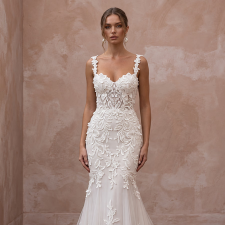 Ivory Laser - Cut Floral Applique Tulle Sweetheart Mermaid Dress - Apparel & Accessories > Clothing > Wedding & Bridal Party Dresses > Wedding Dresses - Mignonette Bridal