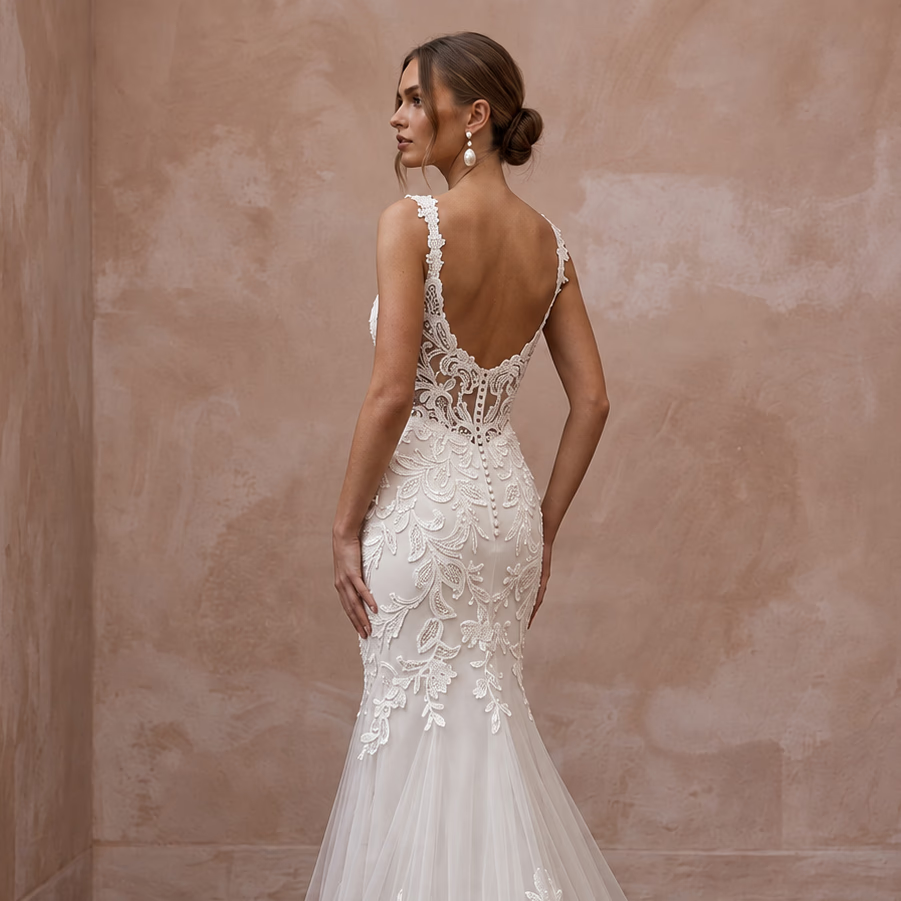 Ivory Laser - Cut Floral Applique Tulle Sweetheart Mermaid Dress - Apparel & Accessories > Clothing > Wedding & Bridal Party Dresses > Wedding Dresses - Mignonette Bridal