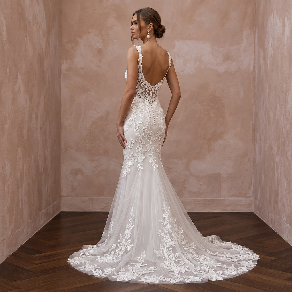 Ivory Laser - Cut Floral Applique Tulle Sweetheart Mermaid Dress - Apparel & Accessories > Clothing > Wedding & Bridal Party Dresses > Wedding Dresses - Mignonette Bridal