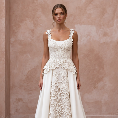 Ivory Laser-Cut Floral Faille A-Line Dress for Modern Art Gallery Ceremony