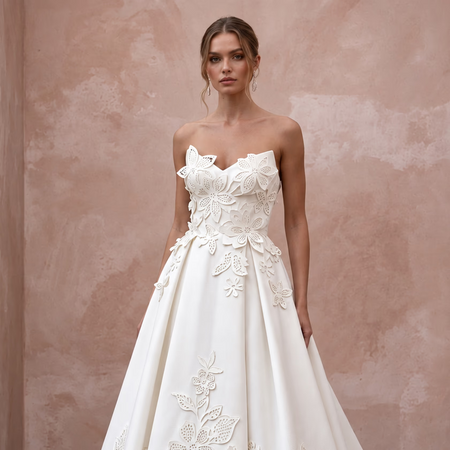 Ivory Laser - Cut Floral Faille Strapless A - Line Modern Wedding Gown - Apparel & Accessories > Clothing > Wedding & Bridal Party Dresses > Wedding Dresses - Mignonette Bridal