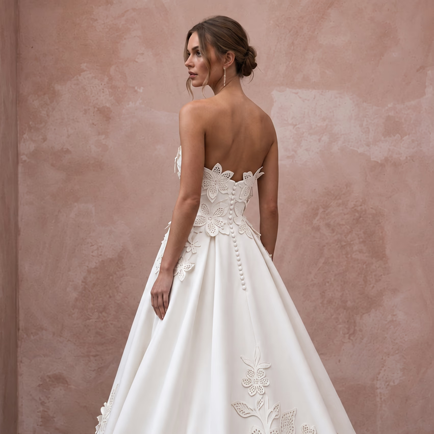 Ivory Laser - Cut Floral Faille Strapless A - Line Modern Wedding Gown - Apparel & Accessories > Clothing > Wedding & Bridal Party Dresses > Wedding Dresses - Mignonette Bridal