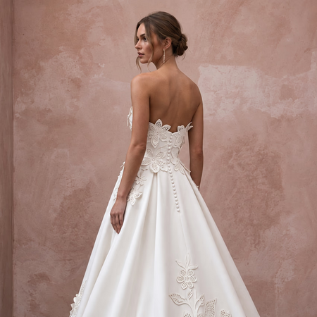Ivory Laser - Cut Floral Faille Strapless A - Line Modern Wedding Gown - Apparel & Accessories > Clothing > Wedding & Bridal Party Dresses > Wedding Dresses - Mignonette Bridal