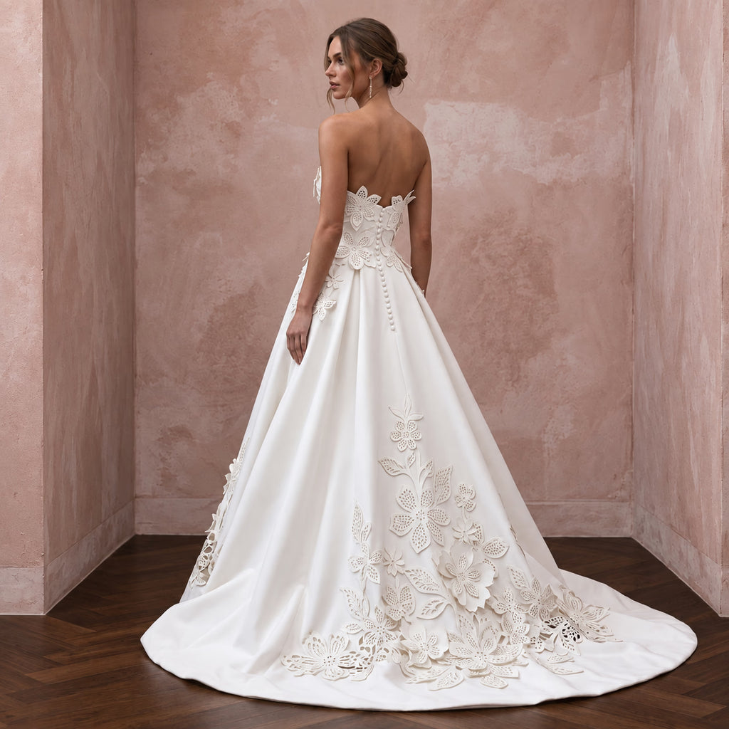Ivory Laser - Cut Floral Faille Strapless A - Line Modern Wedding Gown - Apparel & Accessories > Clothing > Wedding & Bridal Party Dresses > Wedding Dresses - Mignonette Bridal