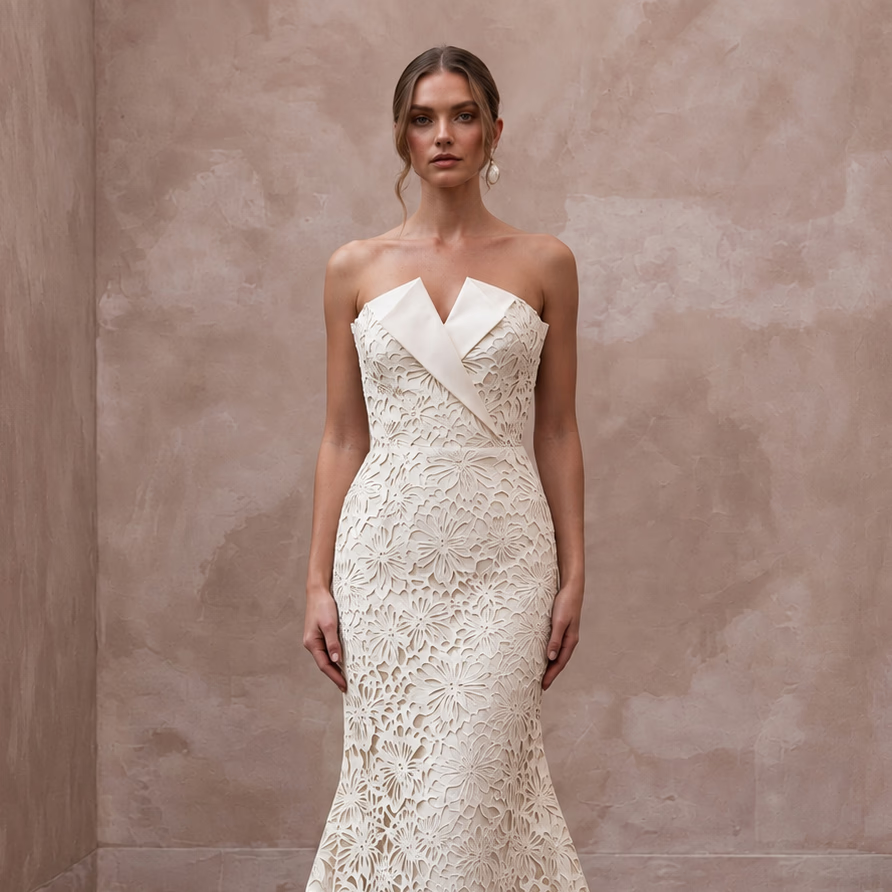 Ivory Laser-Cut Floral Faille Strapless Modern Architectural Bridal Gown