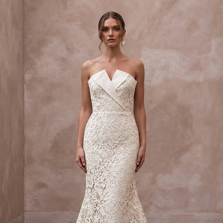 Ivory Laser-Cut Floral Faille Strapless Modern Architectural Bridal Gown