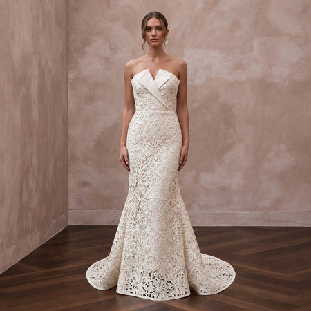 Ivory Laser-Cut Floral Faille Strapless Modern Architectural Bridal Gown