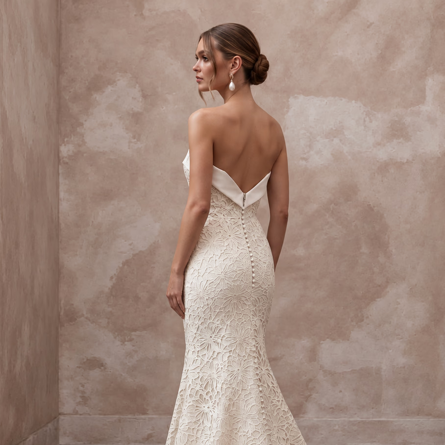 Ivory Laser-Cut Floral Faille Strapless Modern Architectural Bridal Gown