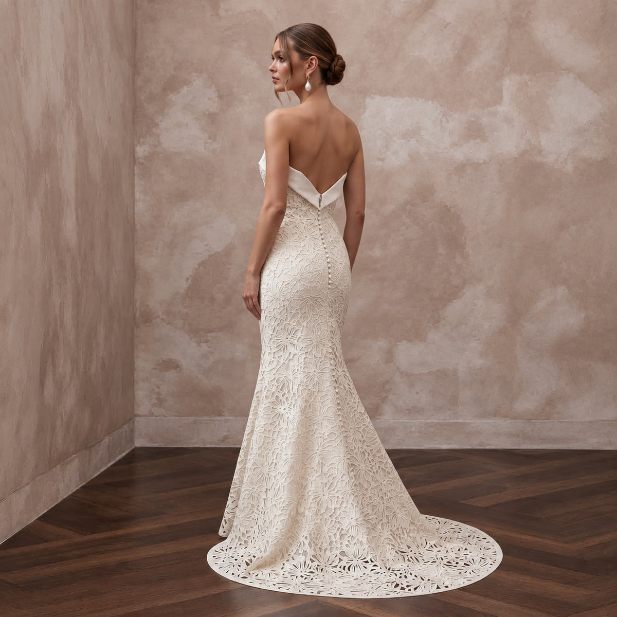Ivory Laser-Cut Floral Faille Strapless Modern Architectural Bridal Gown