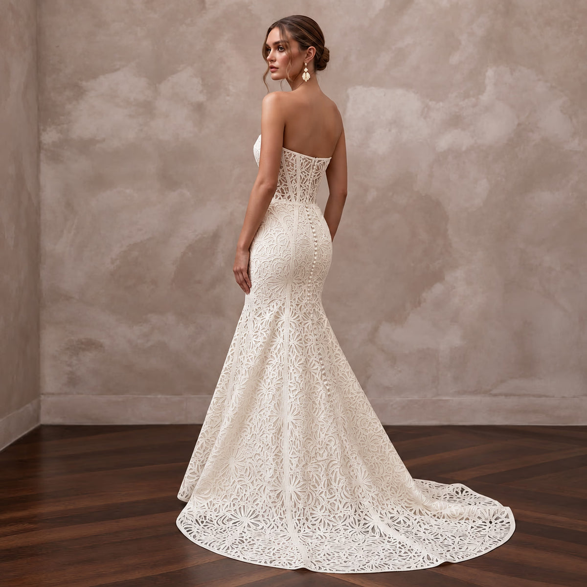 Ivory Laser-Cut Floral Faille Strapless Modern Architectural Bridal Gown