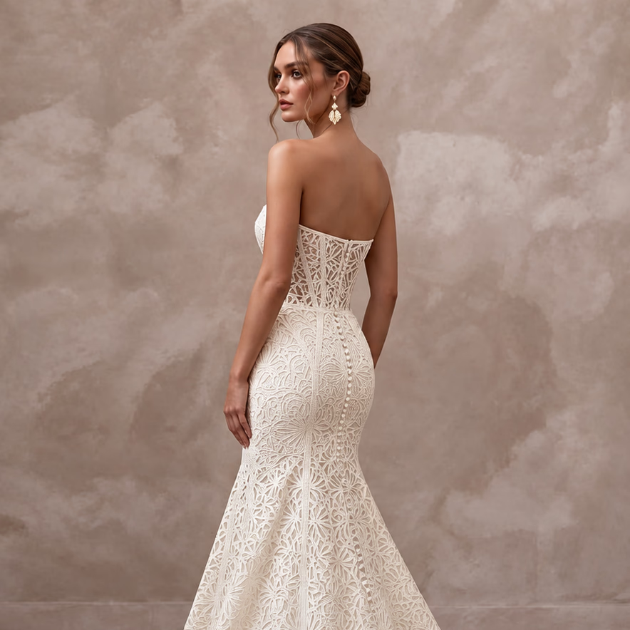 Ivory Laser-Cut Floral Faille Strapless Modern Architectural Bridal Gown