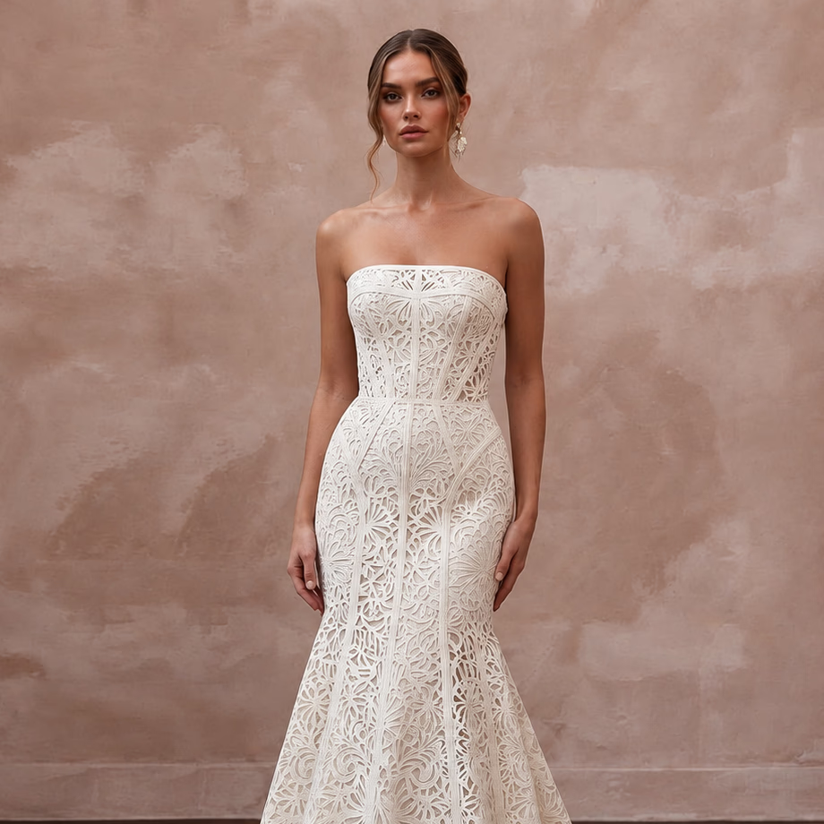 Ivory Laser-Cut Floral Faille Strapless Modern Architectural Bridal Gown