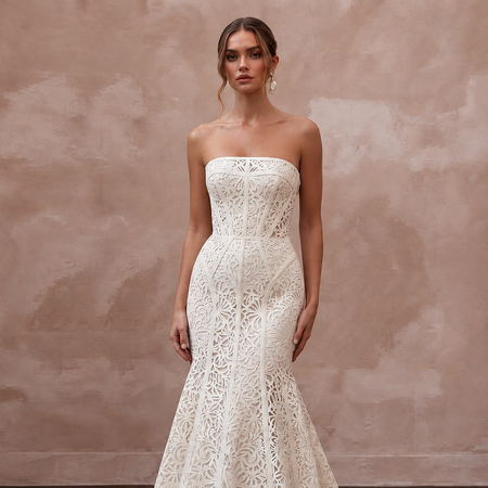 Ivory Laser-Cut Floral Faille Strapless Modern Architectural Bridal Gown