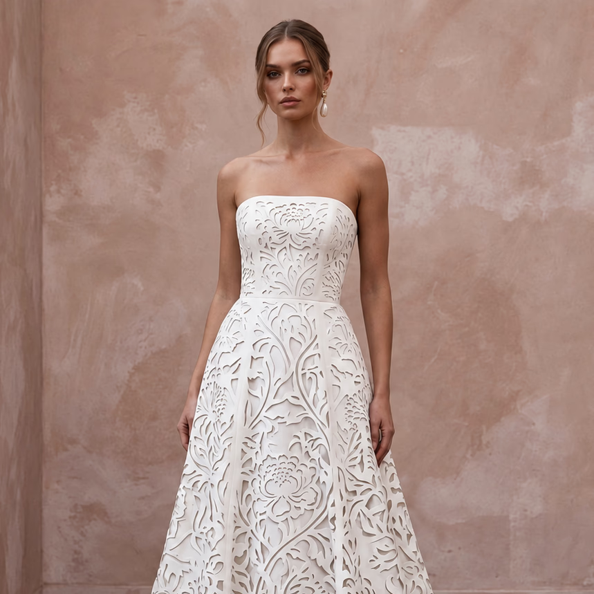 Ivory Laser-Cut Floral Faille Strapless Modern Wedding Dress