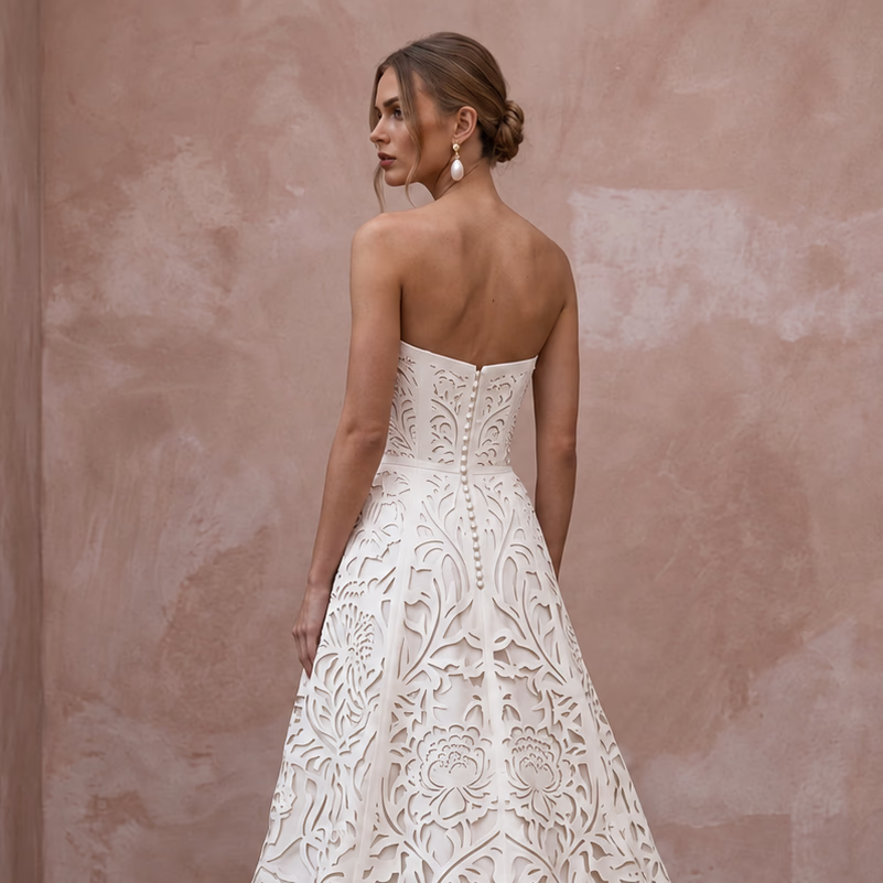 Ivory Laser-Cut Floral Faille Strapless Modern Wedding Dress