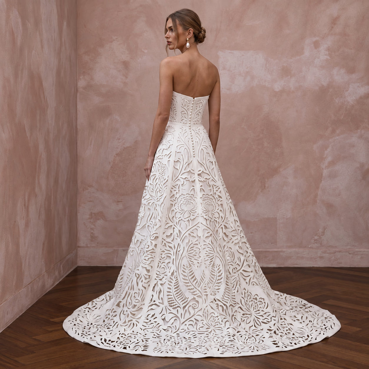 Ivory Laser-Cut Floral Faille Strapless Modern Wedding Dress Secondary image
