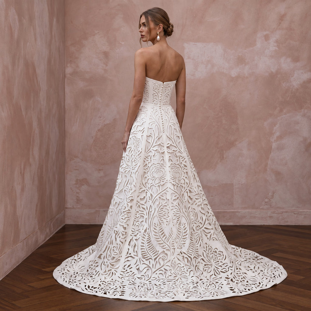 Ivory Laser-Cut Floral Faille Strapless Modern Wedding Dress