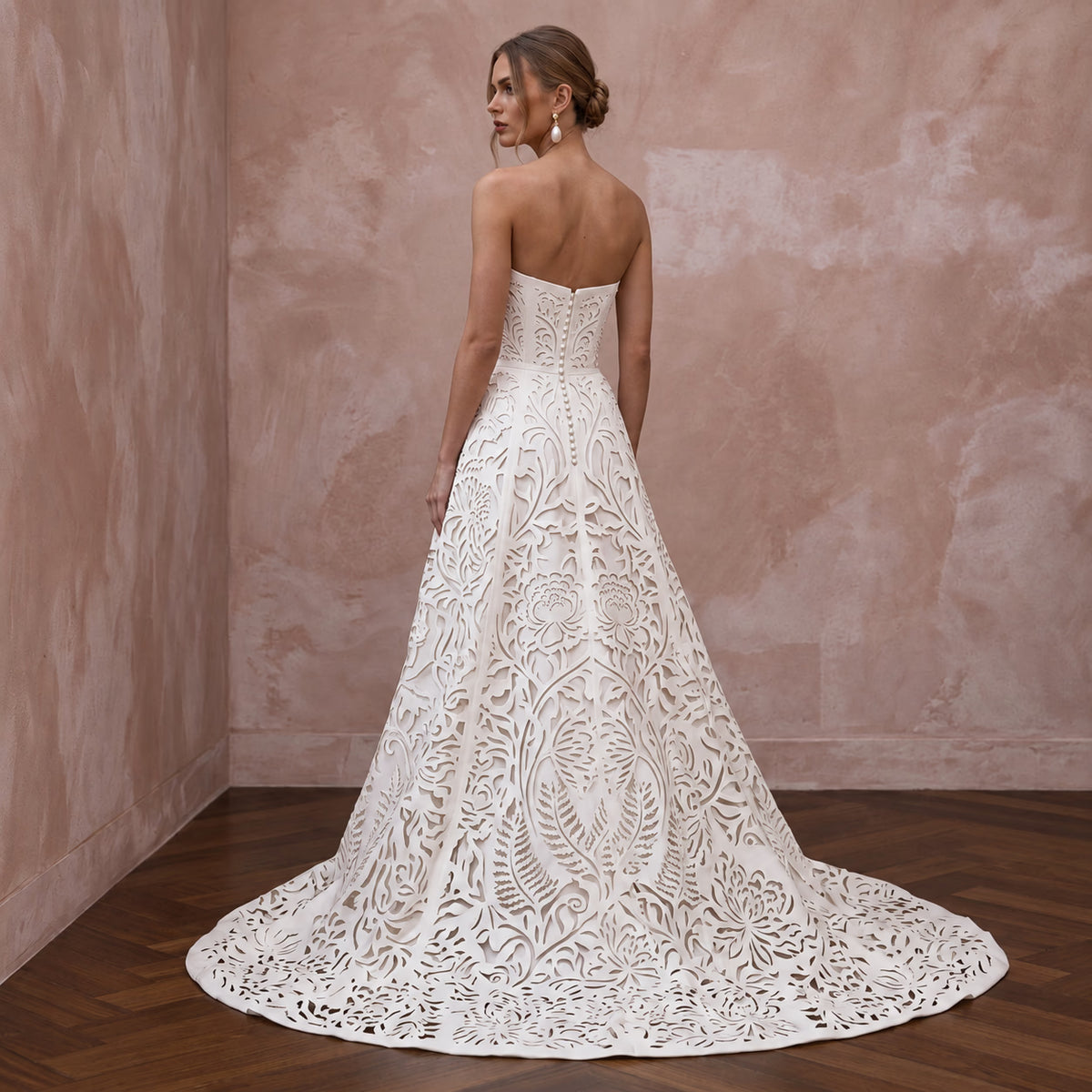 Ivory Laser-Cut Floral Faille Strapless Modern Wedding Dress