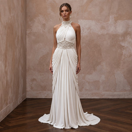 Ivory Matte Jersey Draped Grecian Halter Neck Destination Wedding Dress - Apparel & Accessories > Clothing > Wedding & Bridal Party Dresses > Wedding Dresses - Mignonette Bridal