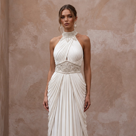 Ivory Matte Jersey Draped Grecian Halter Neck Destination Wedding Dress - Apparel & Accessories > Clothing > Wedding & Bridal Party Dresses > Wedding Dresses - Mignonette Bridal