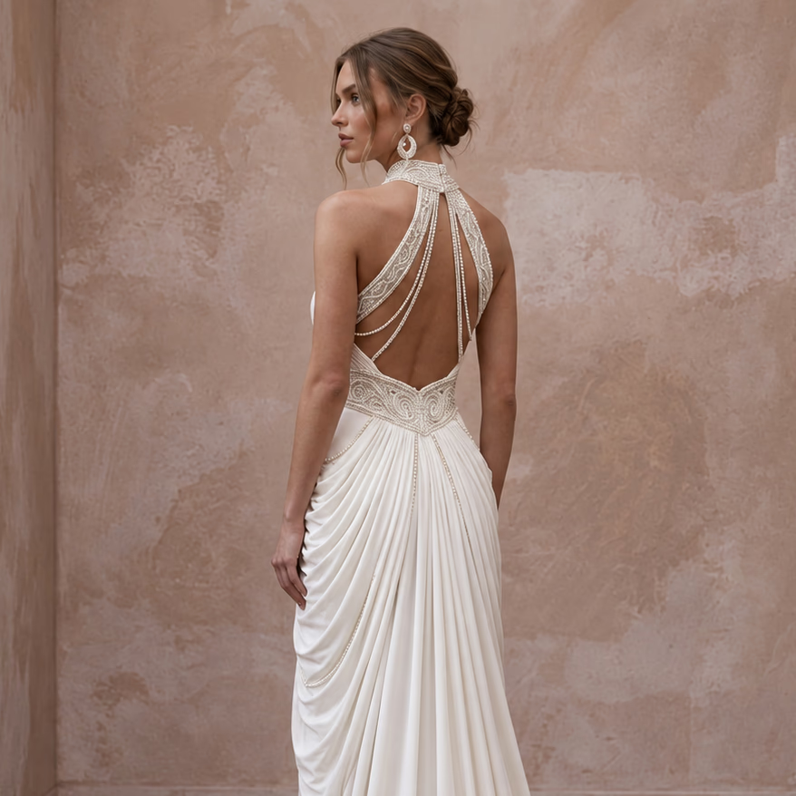 Ivory Matte Jersey Draped Grecian Halter Neck Destination Wedding Dress - Apparel & Accessories > Clothing > Wedding & Bridal Party Dresses > Wedding Dresses - Mignonette Bridal