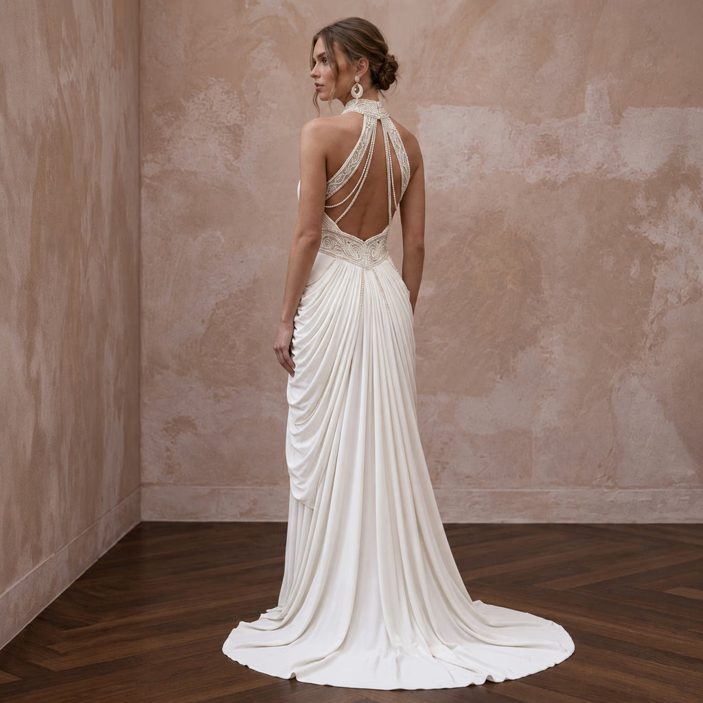 Ivory Matte Jersey Draped Grecian Halter Neck Destination Wedding Dress - Apparel & Accessories > Clothing > Wedding & Bridal Party Dresses > Wedding Dresses - Mignonette Bridal