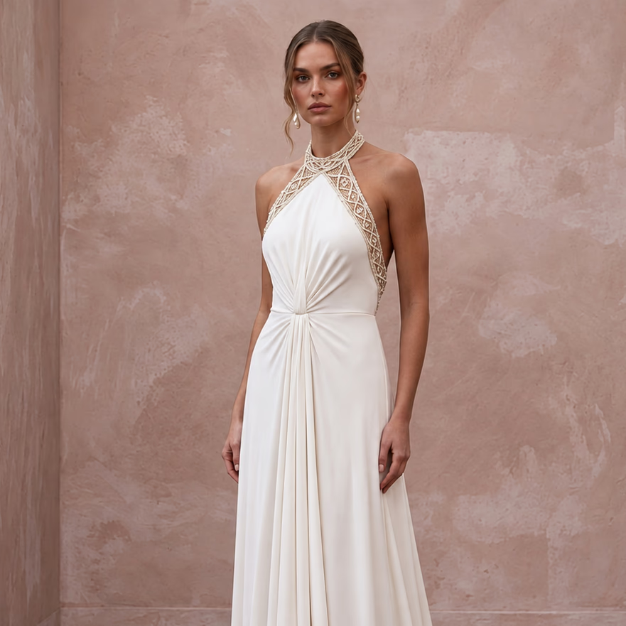Ivory Matte Jersey Halter Neck Flowing Backless Bridal Gown