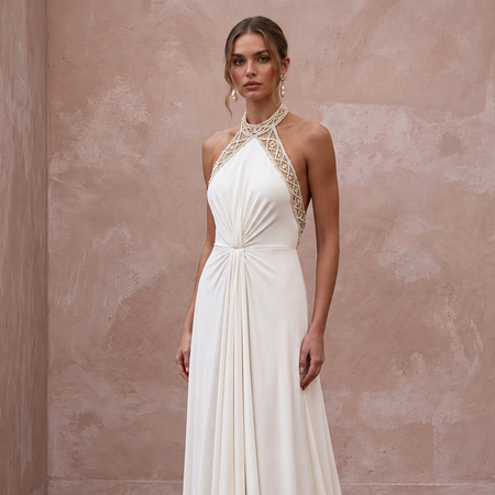 Ivory Matte Jersey Halter Neck Flowing Backless Bridal Gown