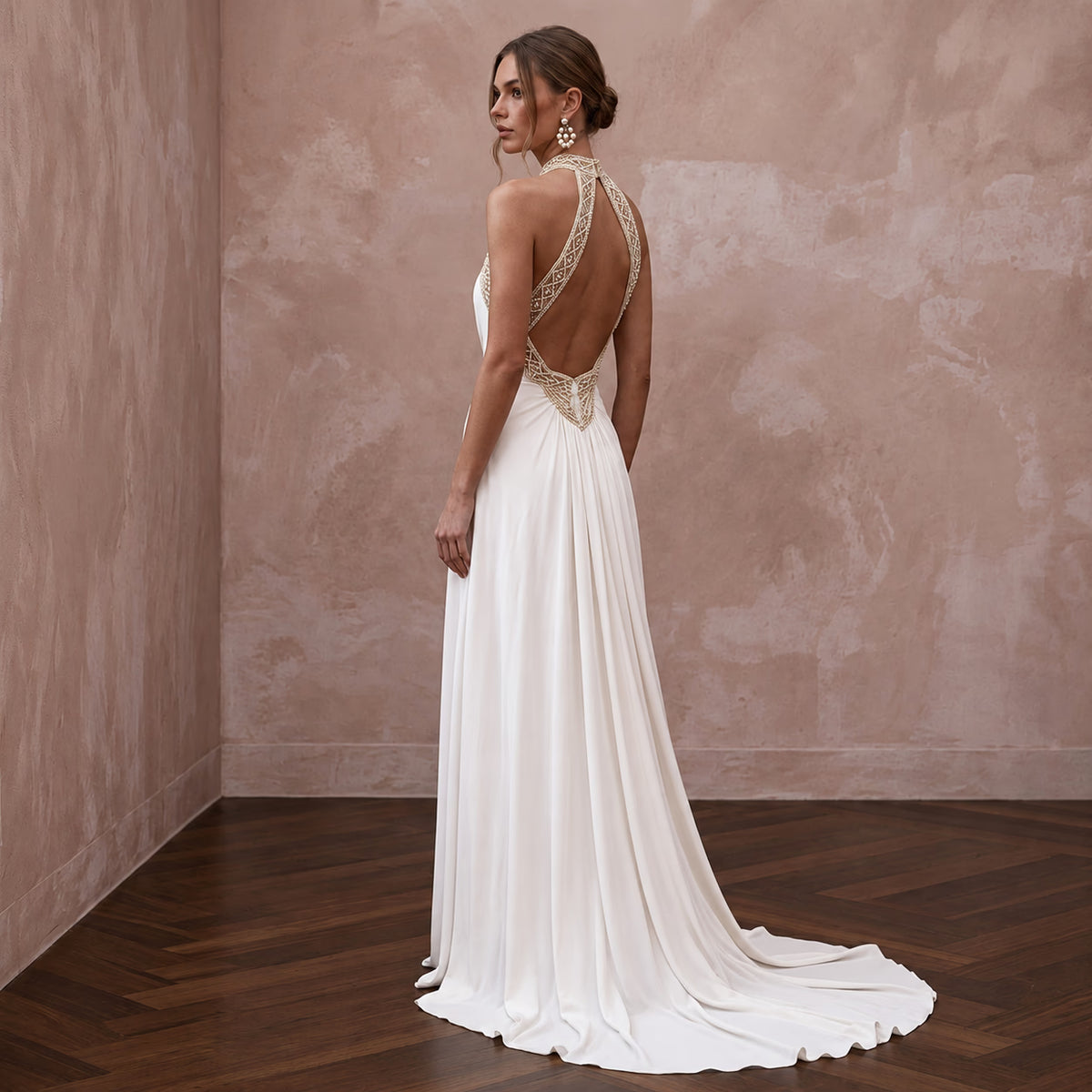 Ivory Matte Jersey Halter Neck Flowing Backless Bridal Gown