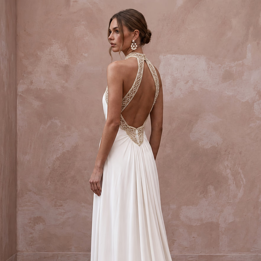 Ivory Matte Jersey Halter Neck Flowing Backless Bridal Gown