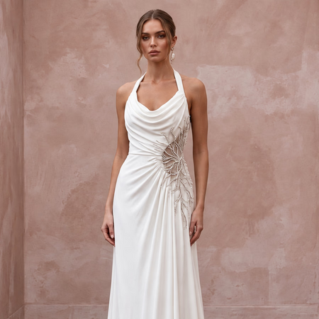 Ivory Matte Jersey Halter Neck Flowing Grecian Destination Gown