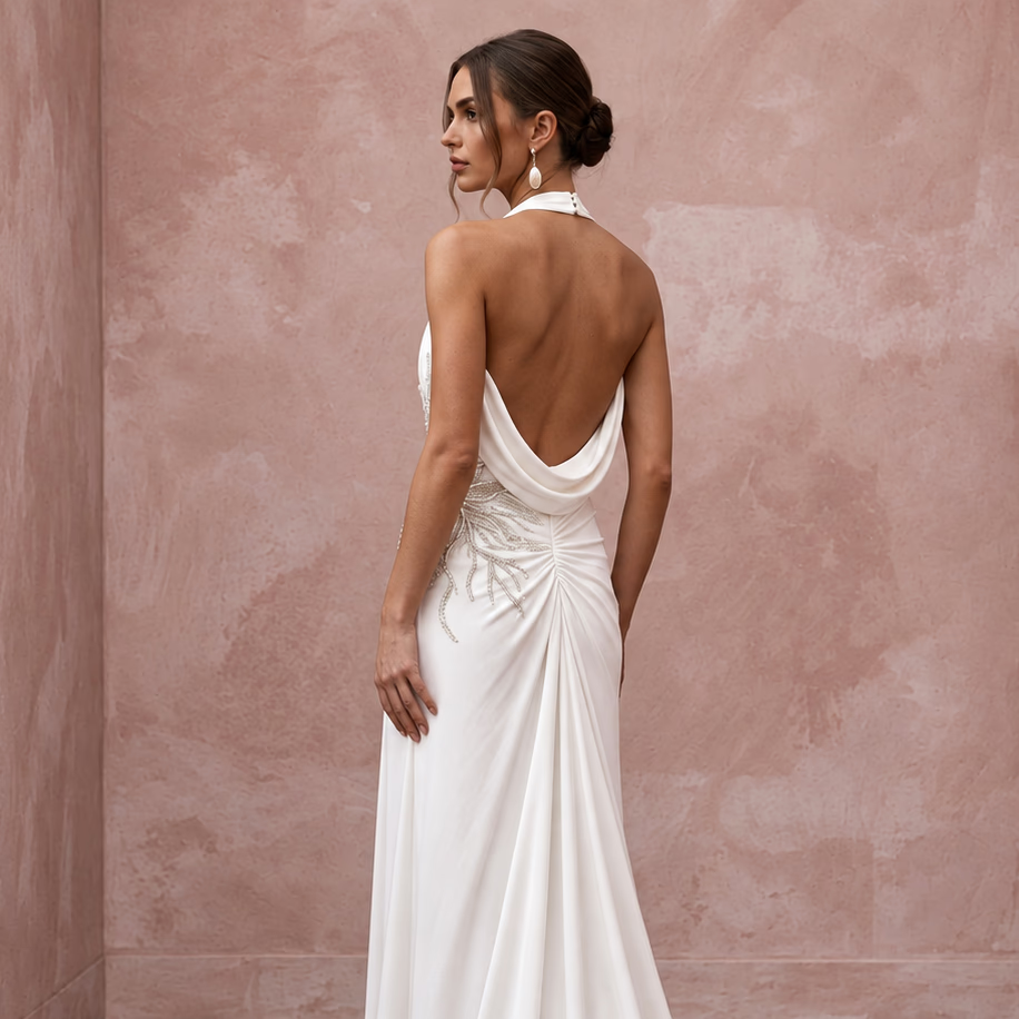 Ivory Matte Jersey Halter Neck Flowing Grecian Destination Gown