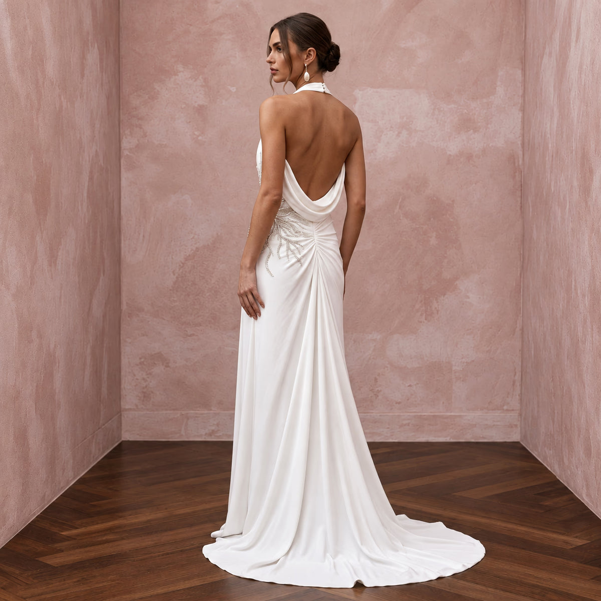 Ivory Matte Jersey Halter Neck Flowing Grecian Destination Gown