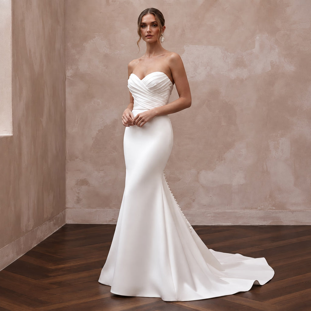Ivory Matte Satin Ruched Bodice Strapless Fit-and-Flare Wedding Dress