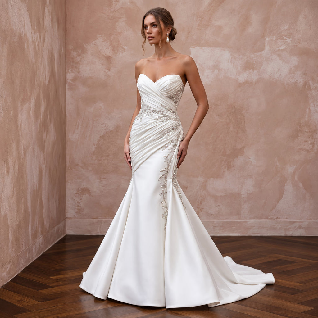 Ivory Matte Satin Ruched Bodice Strapless Fit-and-Flare Wedding Dress