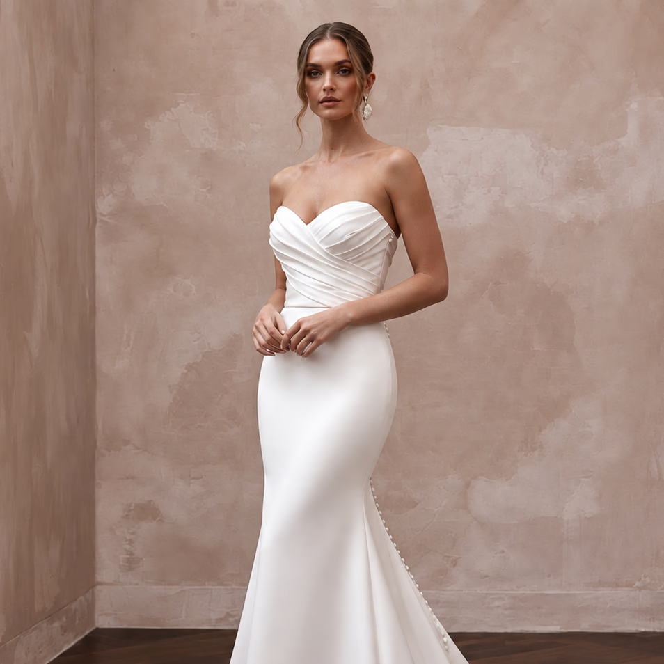 Ivory Matte Satin Ruched Bodice Strapless Fit-and-Flare Wedding Dress