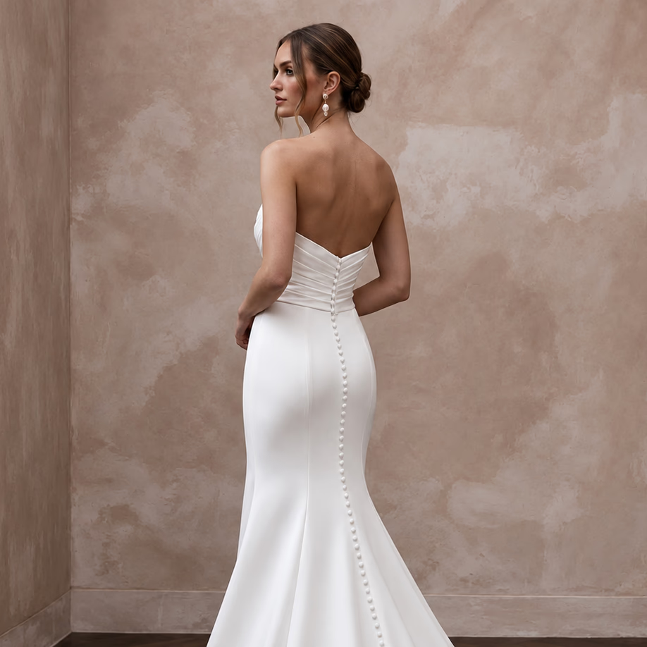 Ivory Matte Satin Ruched Bodice Strapless Fit-and-Flare Wedding Dress